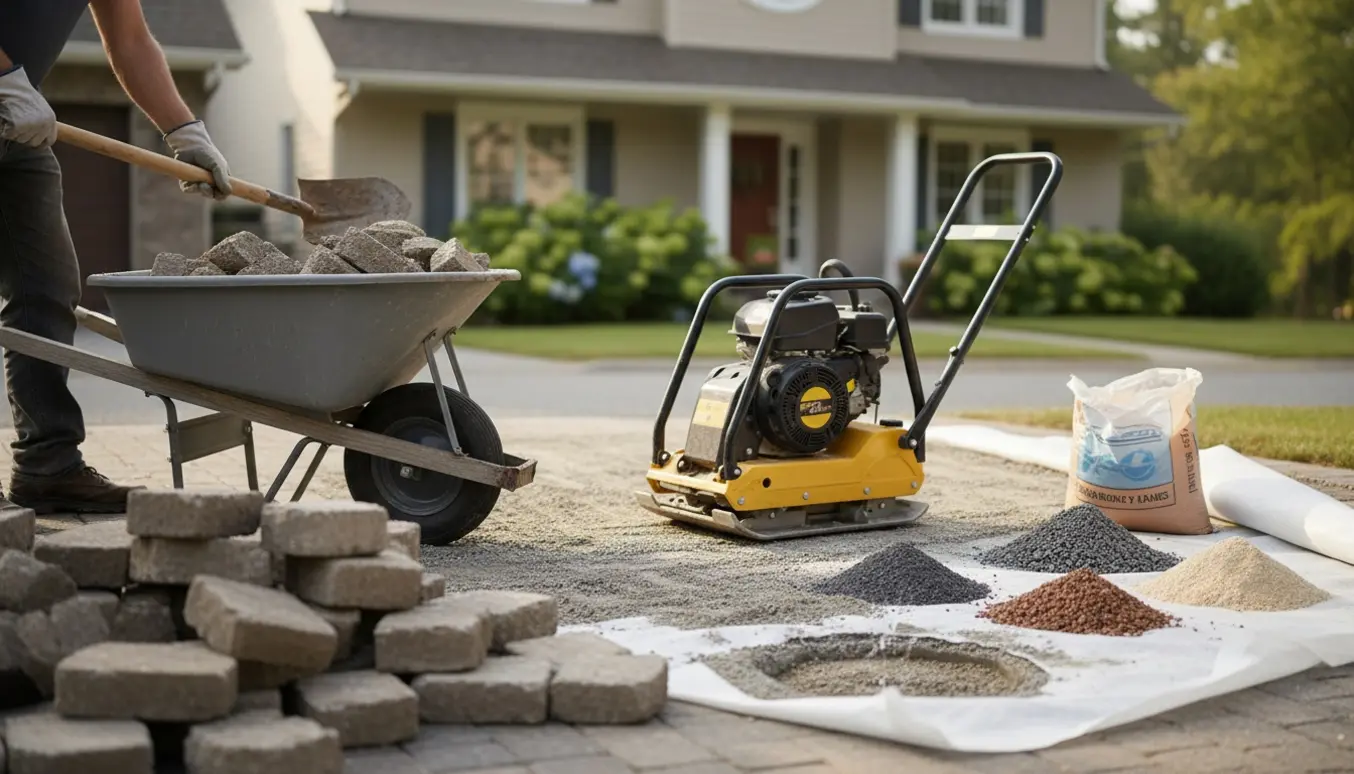 Renovering af indkørsel med fjernede fliser, pladevibrator, bunker af sand, grus og skærver og hands-on rensning af underbund.