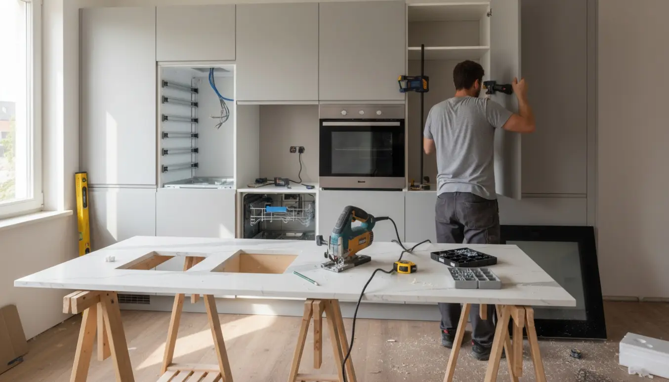 Installatør tilpasser og monterer Ikea-stil køkkenelementer og bordplade til vask og induktionskogeplade i et lyst køkken.