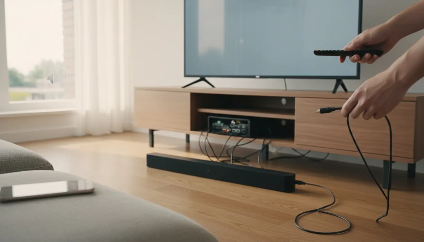 Hænder tjekker lydkabler og fjernbetjening foran en moderne fladskærm uden lyd.