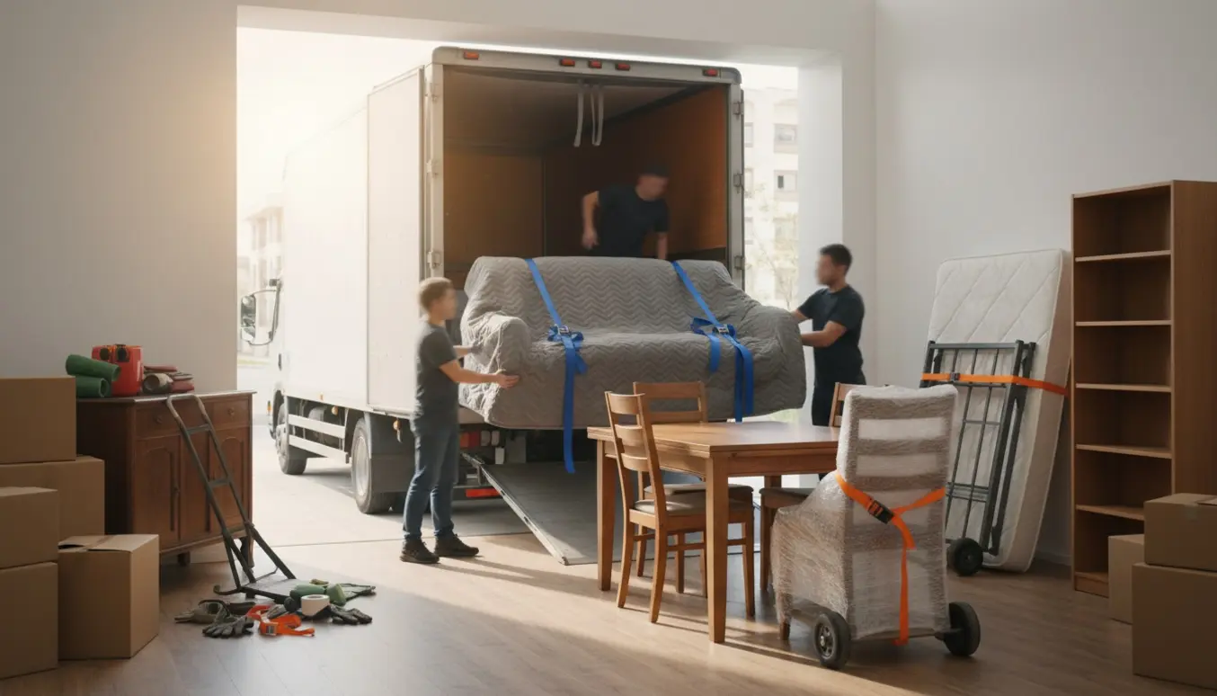 Flyttefolk læsser sofa, seng, spisebord med fire stole, skænk og reol ind i en åben flyttebil ved en lys lejlighedsdør.