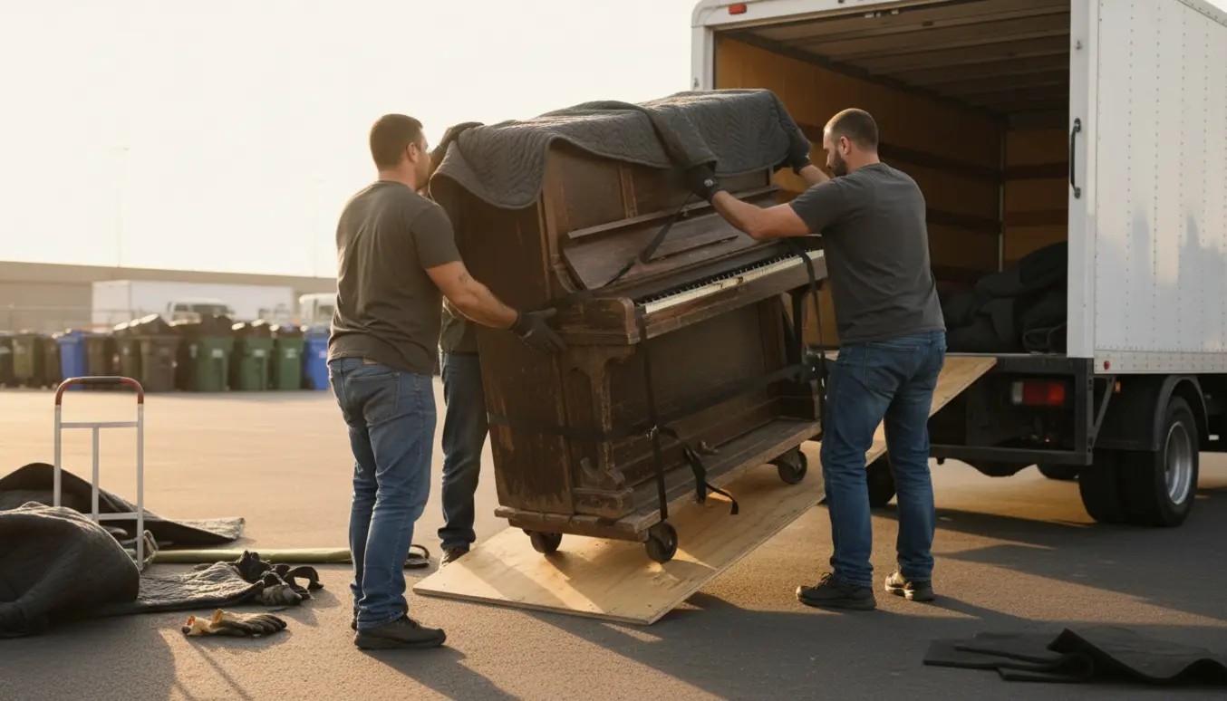 Et gammelt klaver løftes op i en flyttevogn af flyttemænd med tæpper og stropper.