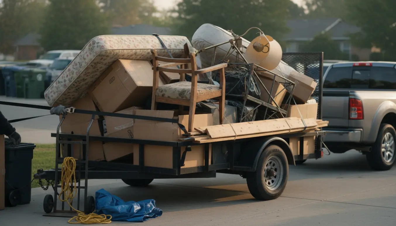 Stor trailer læsses med groft sorteret storskrald efter kælderrydning.