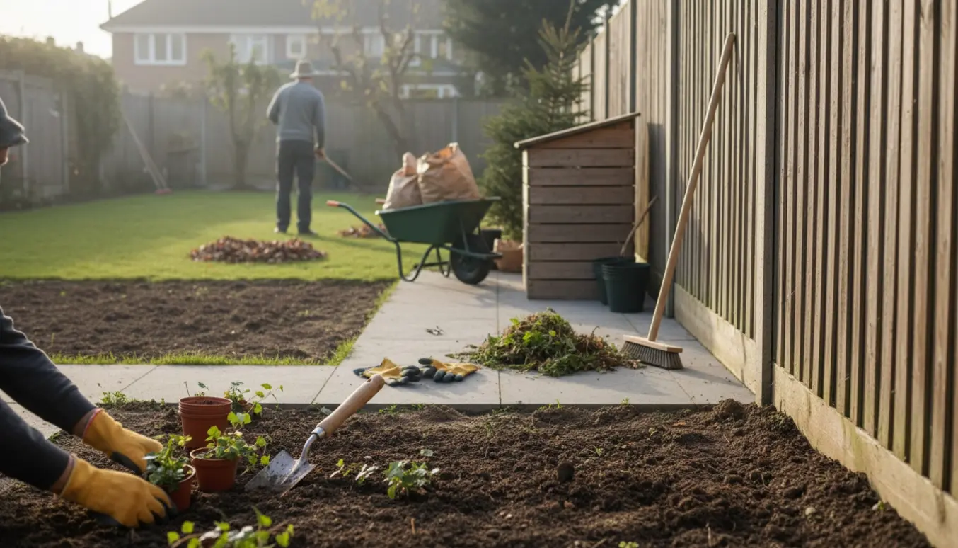 Nærbillede af hænder, der planter efeu langs et hegn, mens plæne, fliser og haveaffald gøres forårsklare.