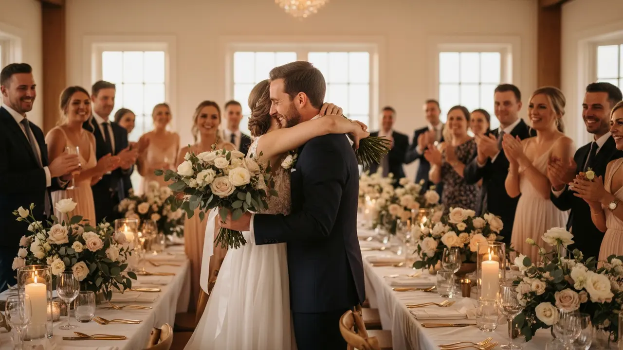 Brudepar omfavner hinanden midt i receptionen med gæster og bryllupsdetaljer