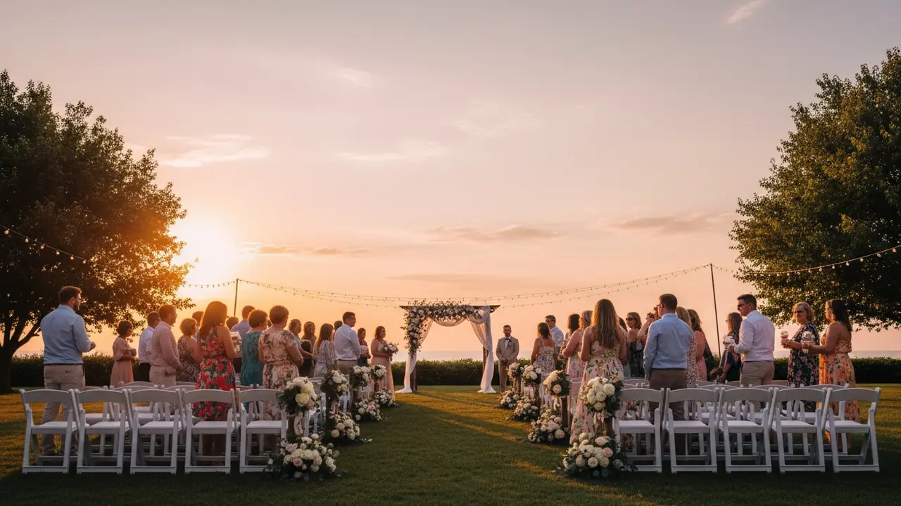Udendørs bryllup i august ved gyldent solnedgangslys med stole og blomster
