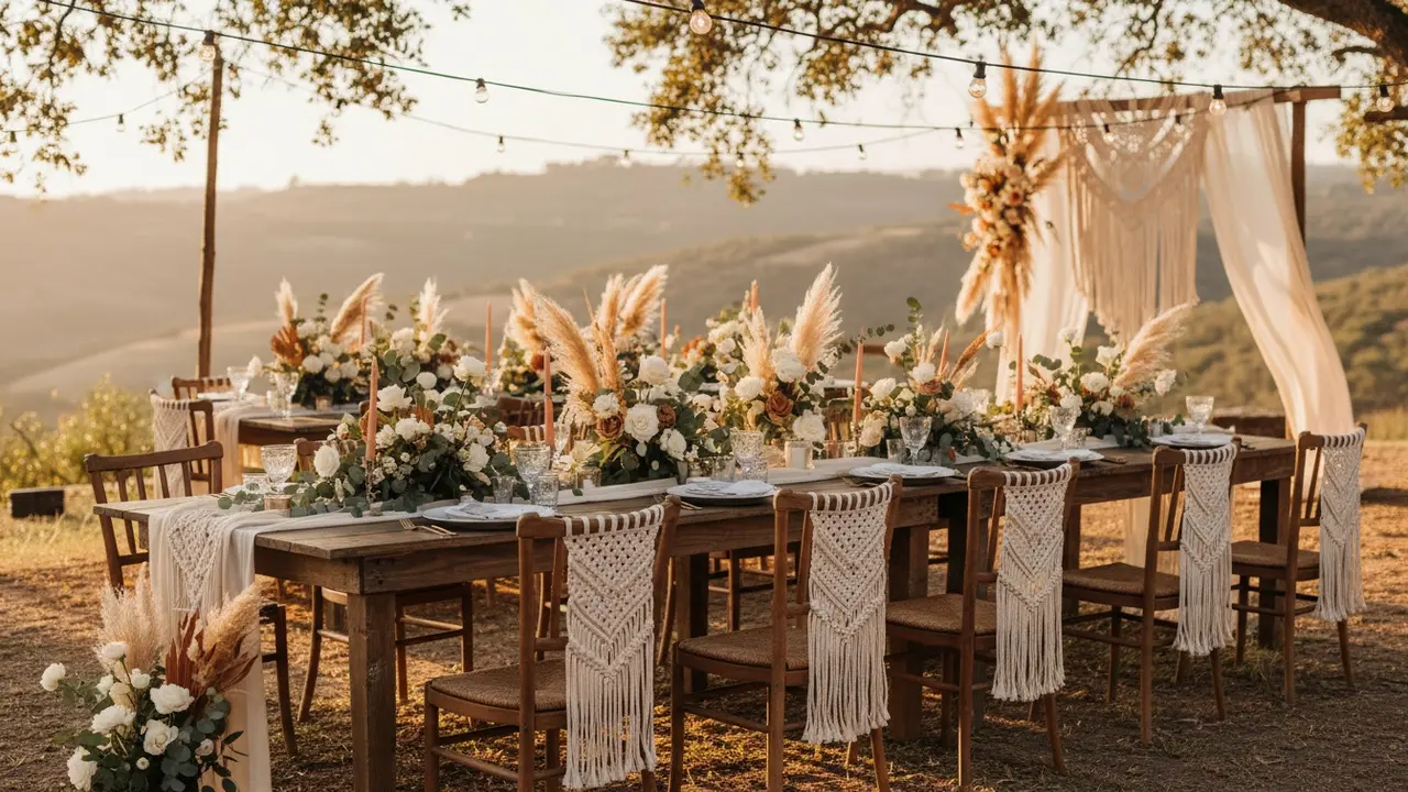 Boho-rustikt bryllupsbord med træ, eukalyptus, pampasgræs og lyskæder