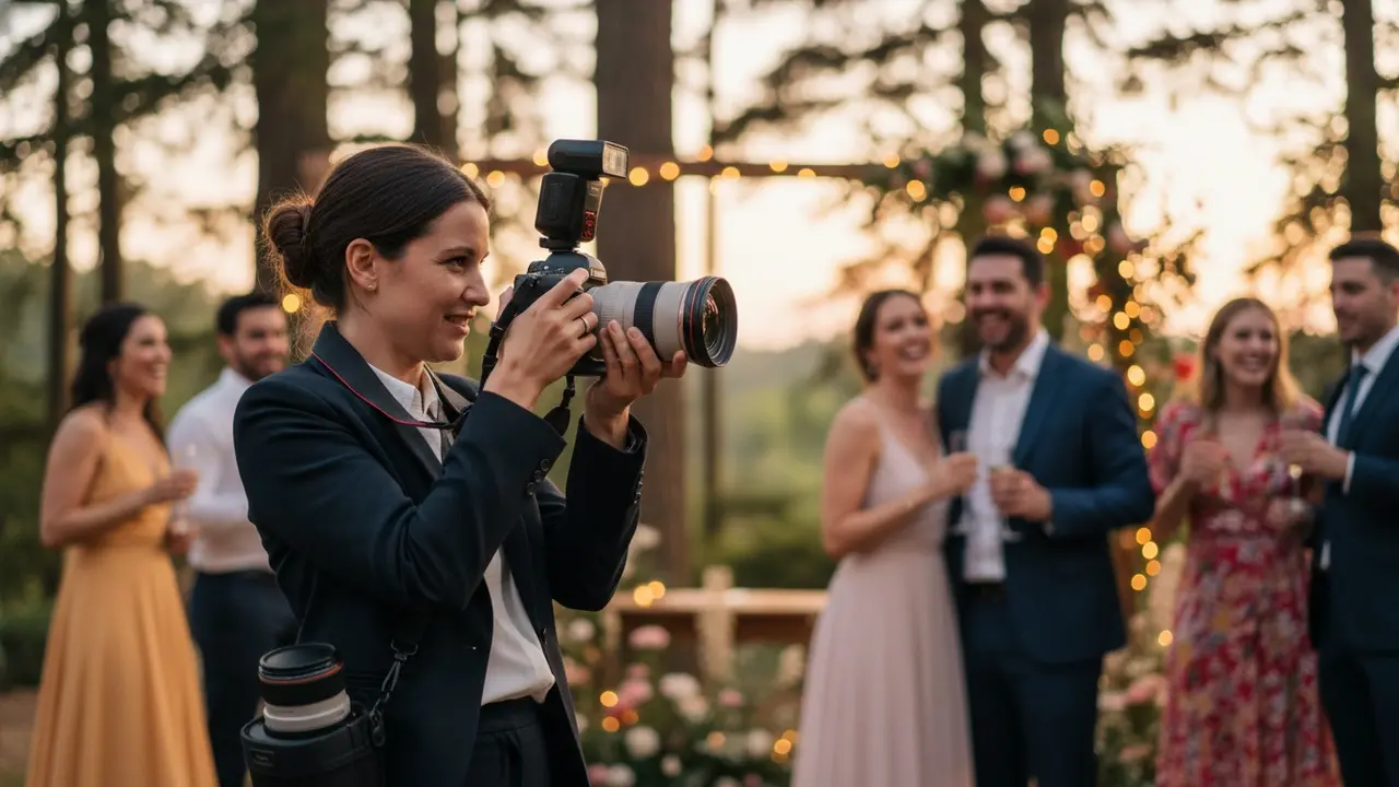 Bryllupsfotograf fotograferer et ægte øjeblik med DSLR under festen