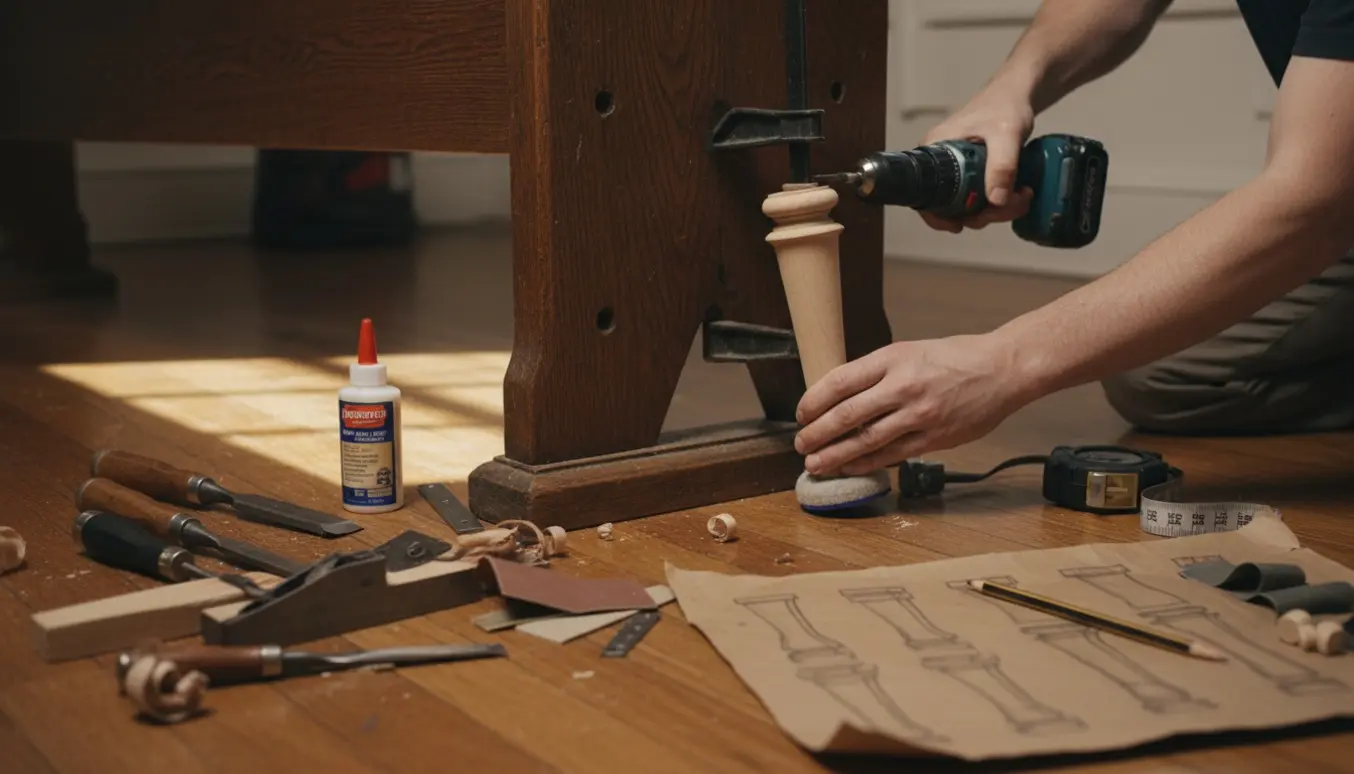 Nye træben monteres på en gammel kirkebænk for at beskytte trægulvet.