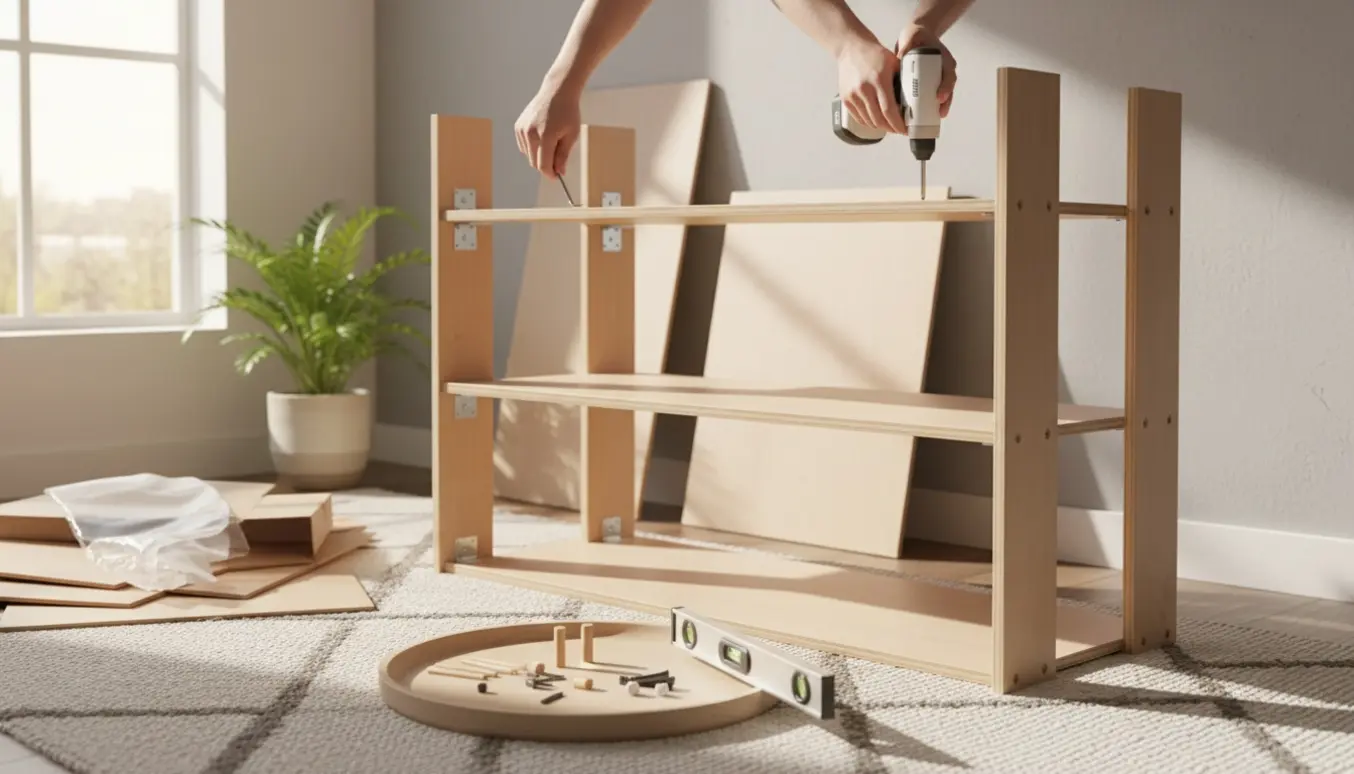 Delvist samlet reol i lyst skandinavisk rum med hænder og værktøj klar til montering.