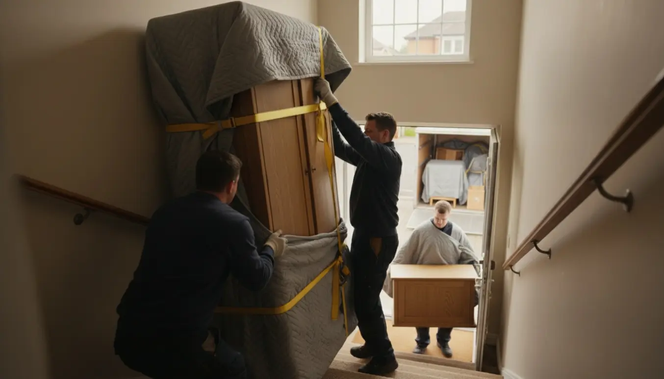 To hjælpere bærer et højt skab op ad en trappe, mens en anden bærer en pakket skænk ned og en trailer ses udenfor.