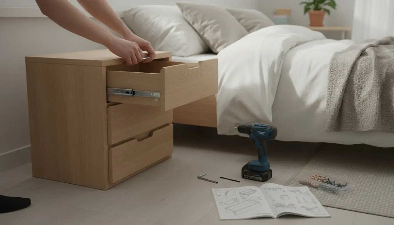 Samlet sengebord med tre skuffer i et lyst soveværelse, hænder finjusterer en skuffeskinne.