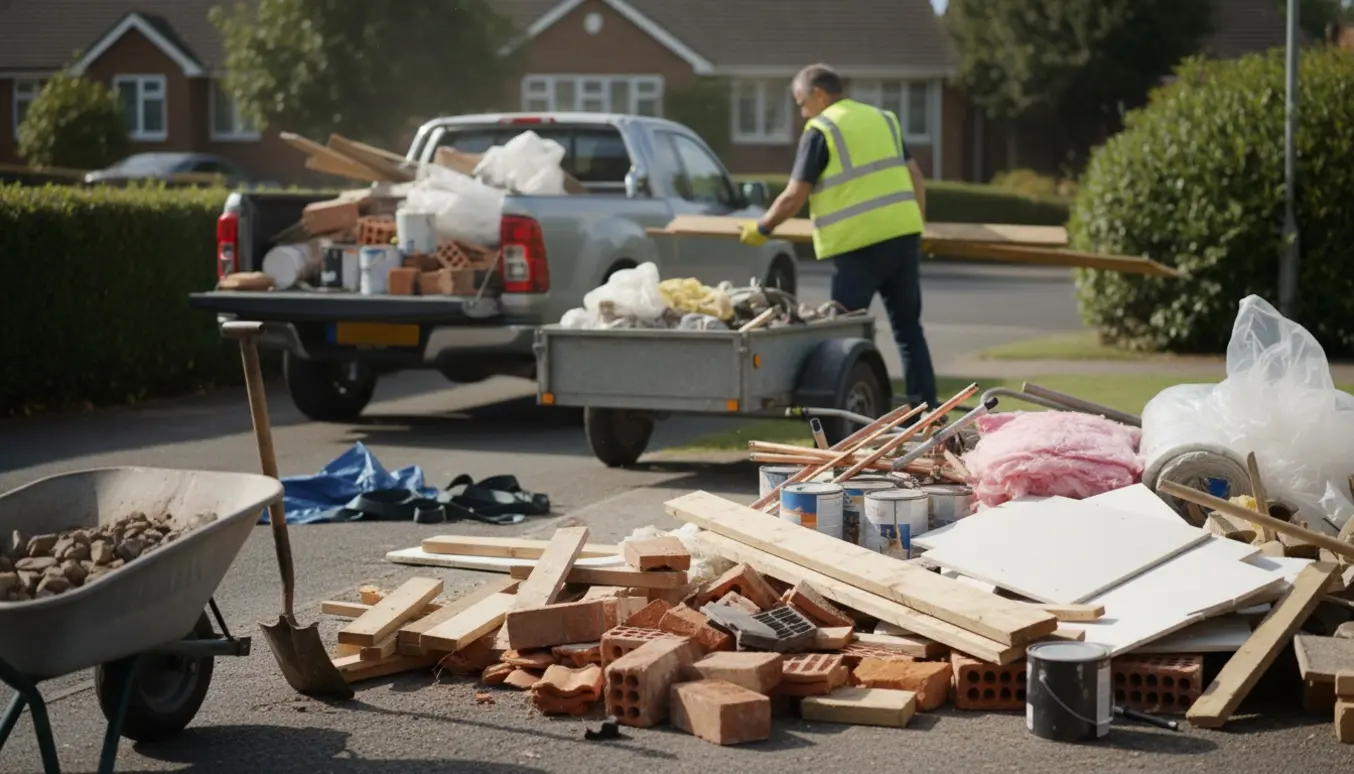 Blandet byggeaffald læsses i en åben pick-up og trailer ved indkørsel med arbejdshænder og værktøj i fokus.