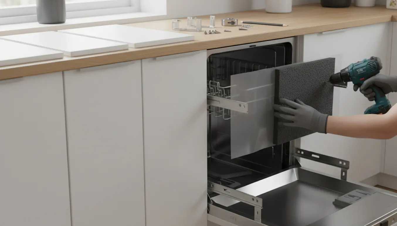 Nærbillede af montering af dampspærre, lydskum og beslag på en integreret opvaskemaskine i et lyst køkken.