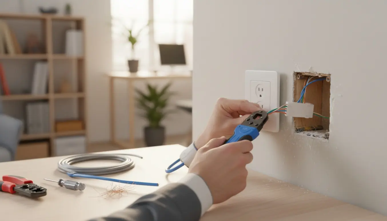 Nærbillede af hænder, der monterer et nyt dataudtag i væggen med kabel og værktøj.