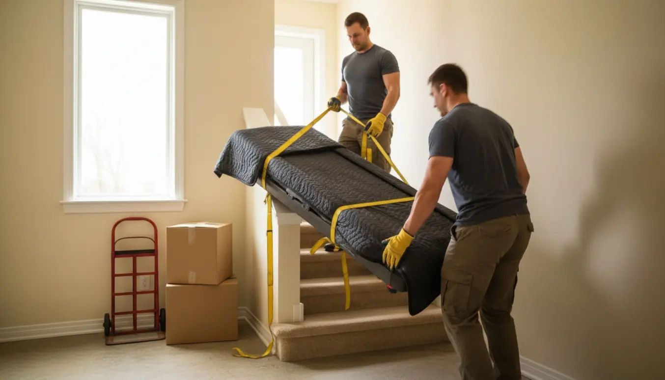To mænd bærer et fladt løbebånd indpakket i flyttetæpper ned ad en trappe mod kælderen.