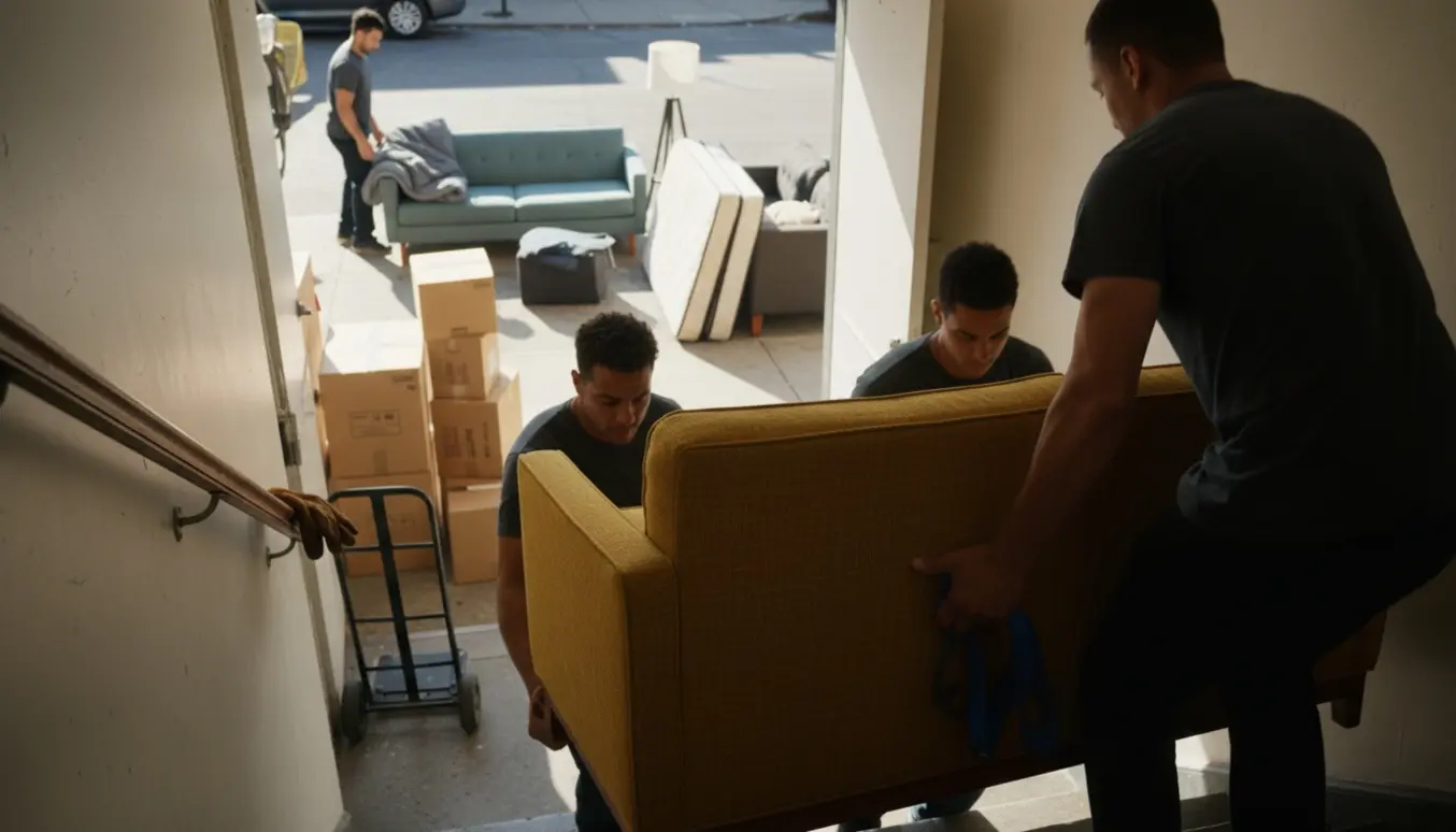 To personer bærer en sofa ned ad en lejlighedstrappe, mens en anden sofa står klar ved storskrald på fortovet.