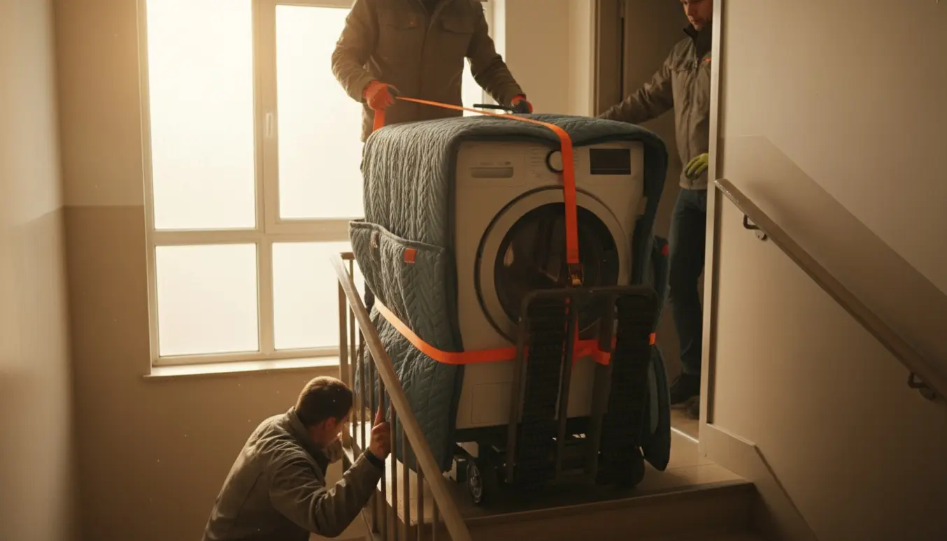 Flere hjælpere bærer en vaskemaskine ned ad en lejlighedstrappe med en trappesækkevogn og flyttetæpper.