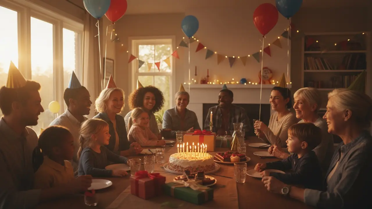 Familie og venner fejrer fødselsdag med kage, balloner og smil i et hyggeligt hjem.