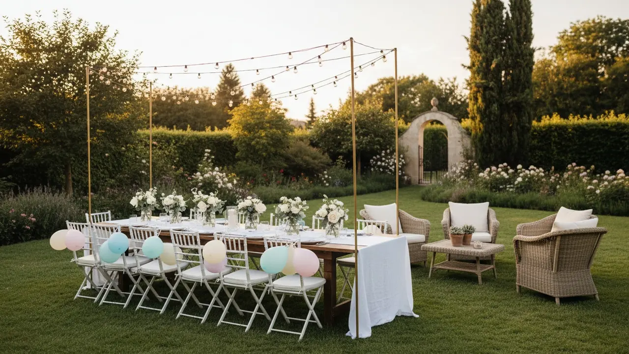 Udendørs havebord pyntet med lyskæder, balloner og blomster som inspiration til lokation.
