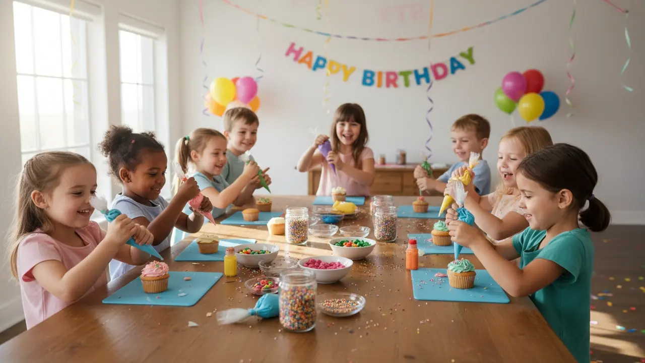Børn dekorerer cupcakes sammen ved et bord med farverige pynt og feststemning.