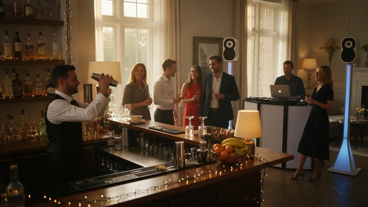 Bartender rører en cocktail ved et hjemmeparty med musik og gæster i baggrunden.