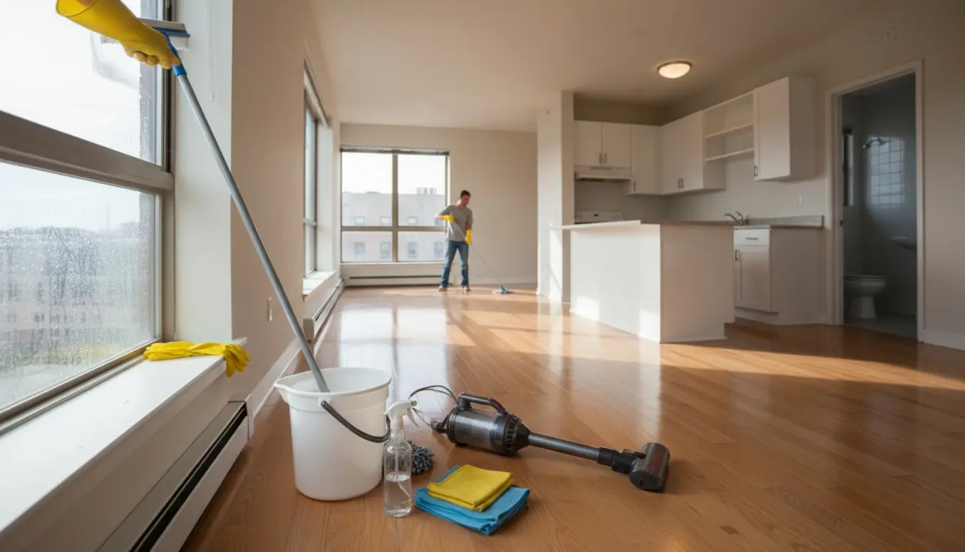 Tom lejlighed efter fraflytningsrengøring med rengøringsudstyr og sollys gennem vinduet.