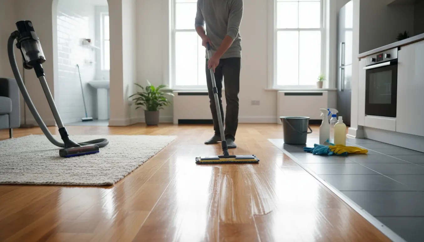 Person mopper trægulv i åben lejlighed med støvsuger på tæppet og rengøringsmidler i en spand.