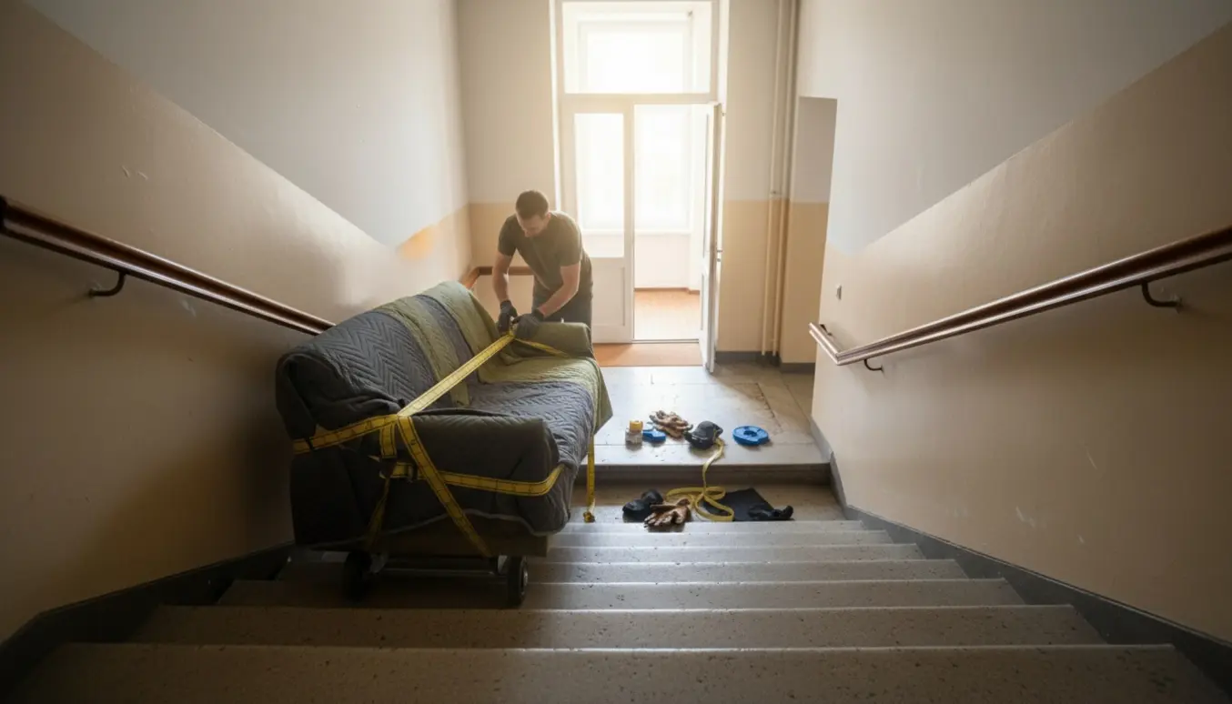 En person manøvrer en lang sofa op ad en opgangstrappe med flytteudstyr, ansigtet ikke synligt.
