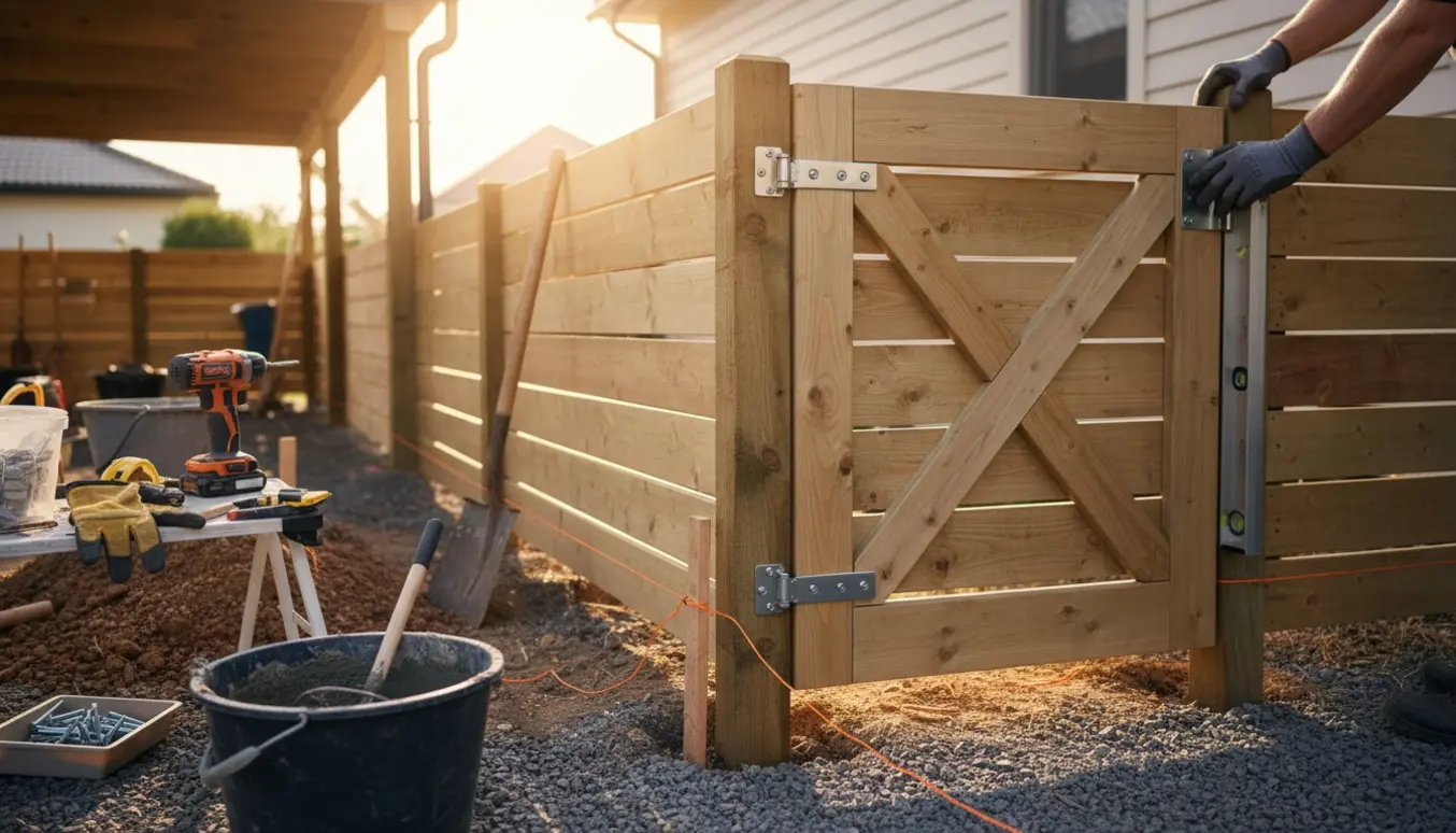 Nærbillede af opsætning af træstakit med låge mellem carport og hus, med pæle, værktøj og våd beton.