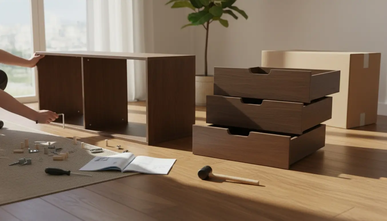 Delvist samlet mørkebrun skænk på trægulv med værktøj og hænder, der justerer beslag i et lyst stue.