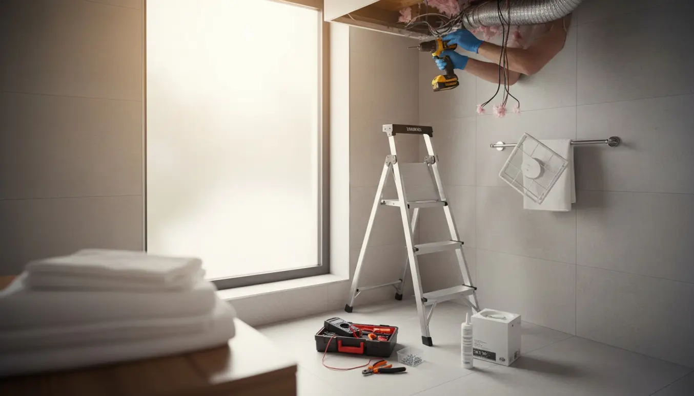 Handskerede hænder reparerer en åben badeværelsesventil med værktøj og ny emhætte tæt ved.