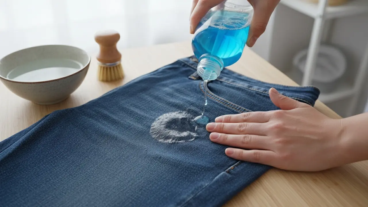 Hånd der påfører opvaskemiddel på olieplet i jeans og gnider forsigtigt