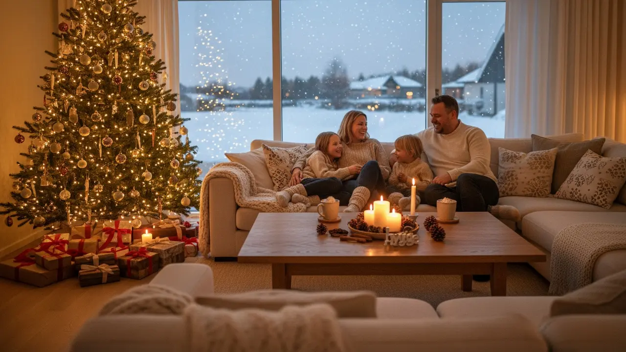 Familie i hyggelig stue med juletræ, lys og gaver.