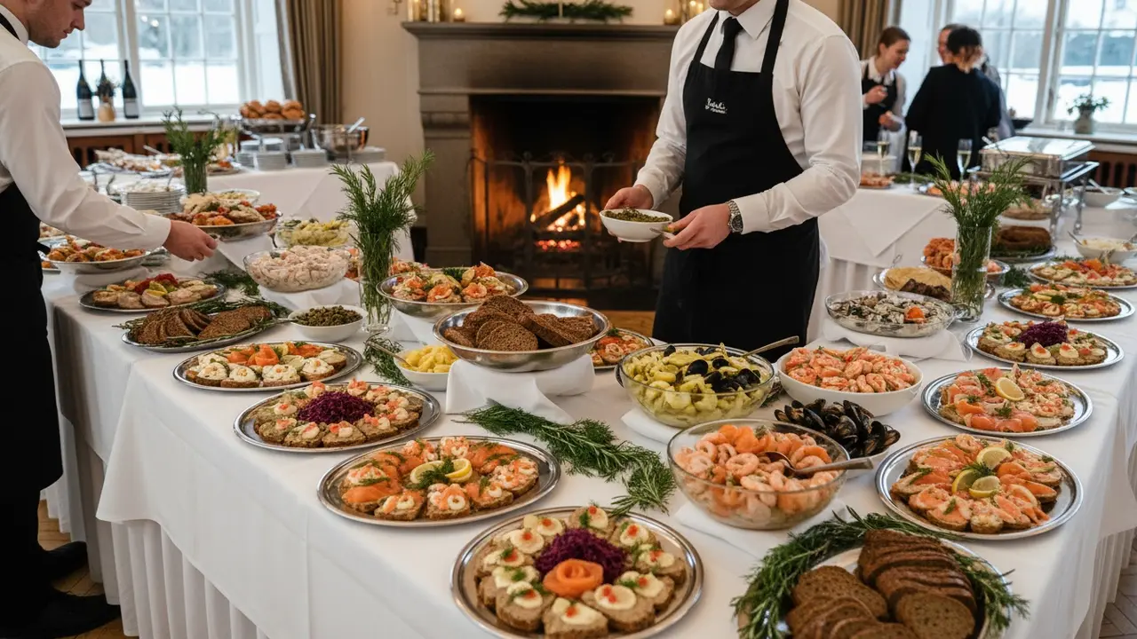 Velanrettet julefrokost-buffet med traditionelle danske retter.