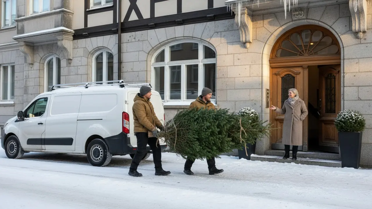 Levering af et friskt juletræ ved en bolig, træ bæres ind.