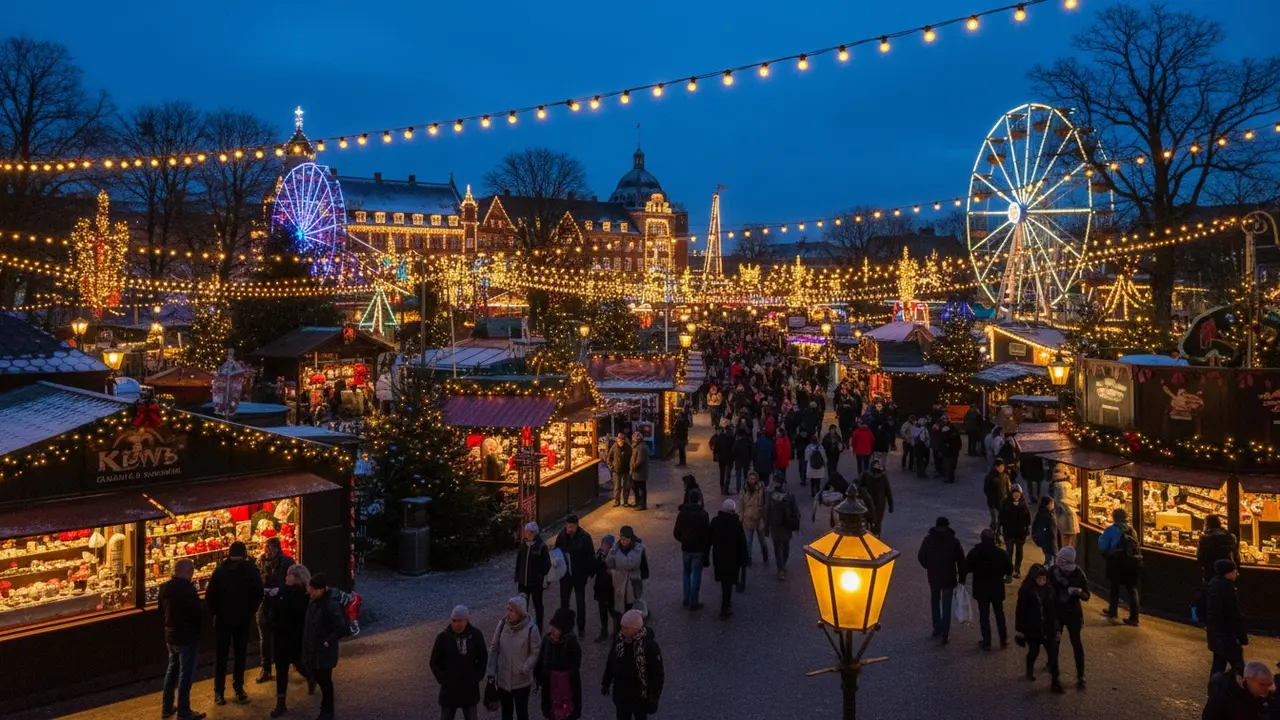 Tivoli om aftenen i juletiden med lys, forlystelser og juleboder.
