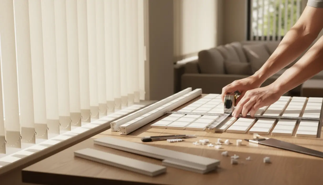 To lamelgardiner bliver målt og trimmet til i bredden ved et vindue med værktøj på et bord.