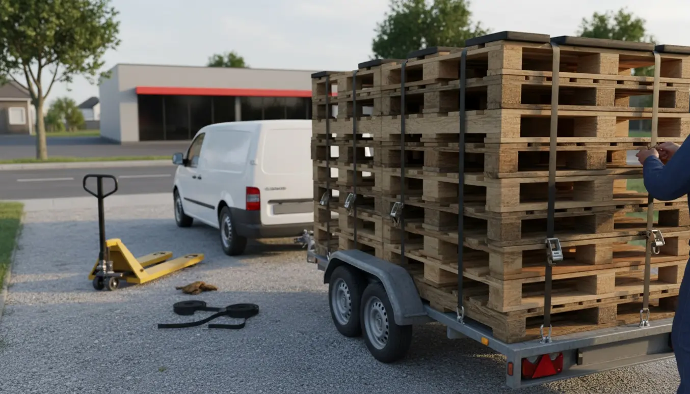 En trailer lastet med stabler af træpaller på en indkørsel klar til transport til byggemarkedet.