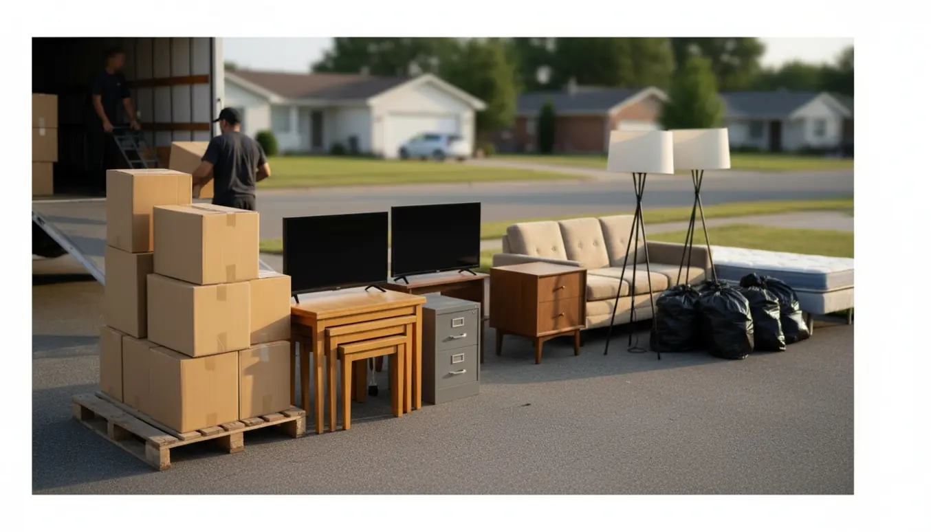 Flytteudstyr og møbler stablet i indkørsel klar til afhentning og udsmidning.