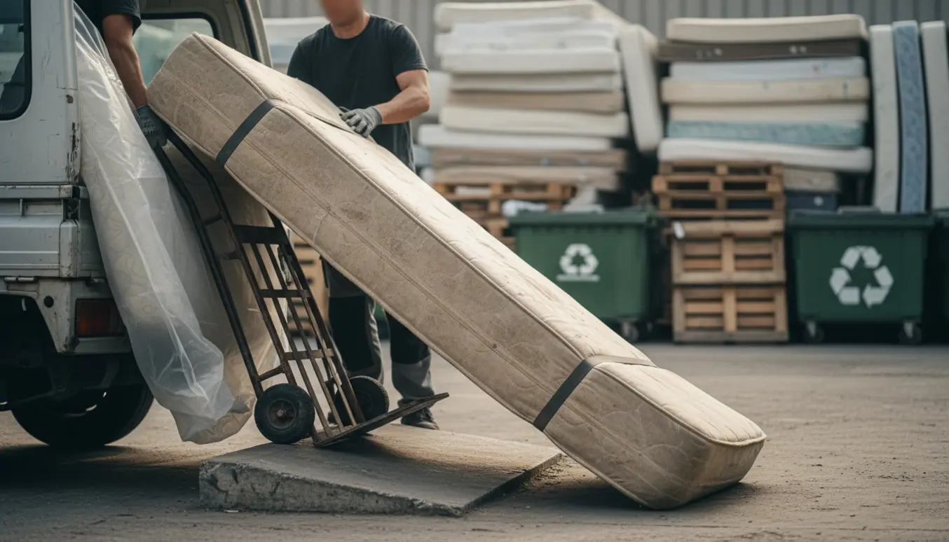Et stort brugt boksmadras løftes fra en varebil ved en genbrugsplads, med handsker og transporthjælpemidler synlige.