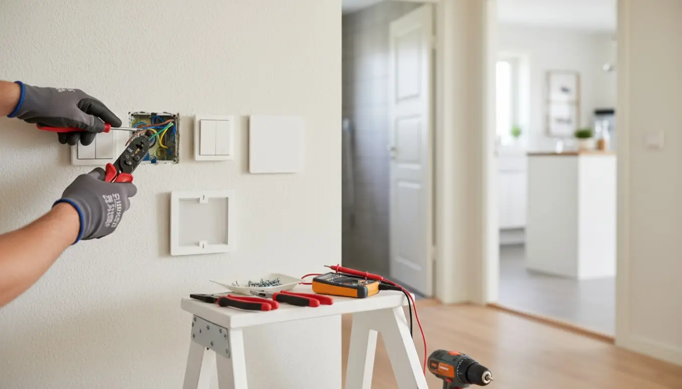 En elektriker hånd installerer en ny stikkontakt på en lys væg med værktøj og panelunderlag i forgrunden.