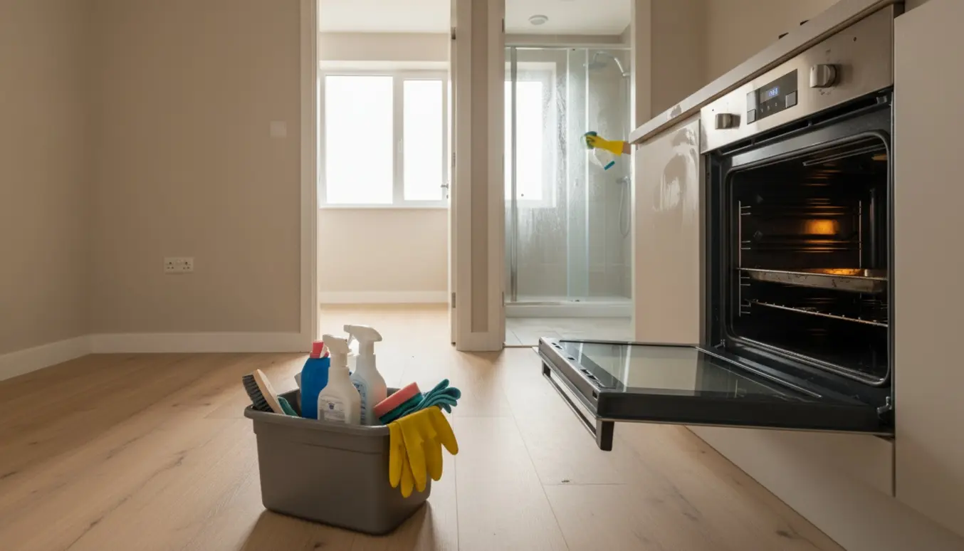 Tom toværelses lejlighed under slutrengøring med rengøringskasse i forgrunden og glovede hænder, der skrubber bruseglas og ovn.