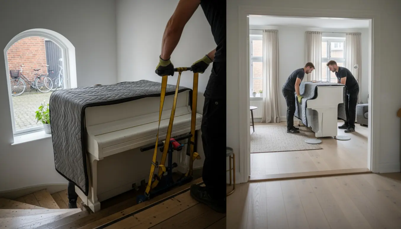 To flyttefolk bærer et indpakket hvidt klaver ned ad en smal trappe i Nørrebro med et lyst Hillerød-hjem i baggrunden klar til levering.