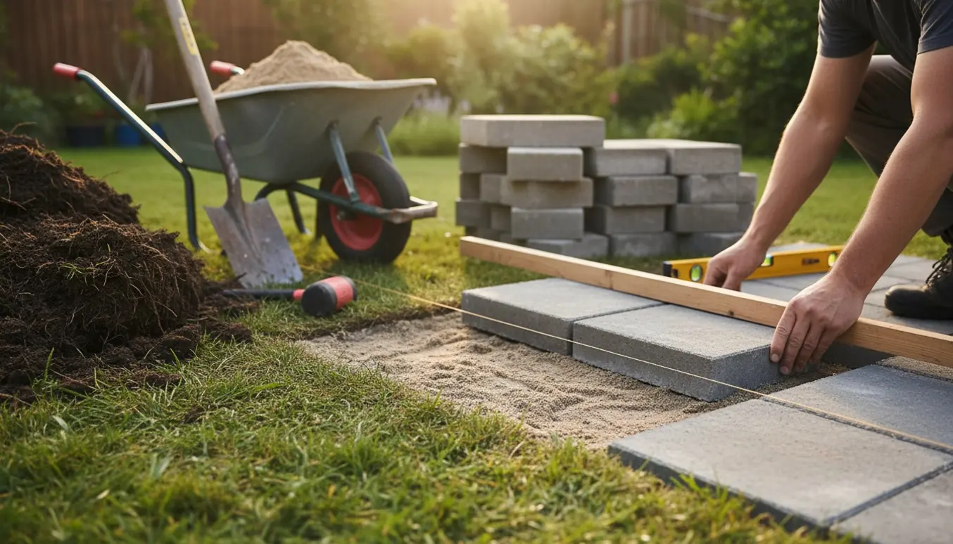 Hænder placerer en flise på en udjævnet sandbund i en baghave med skovl og trillebør i baggrunden.