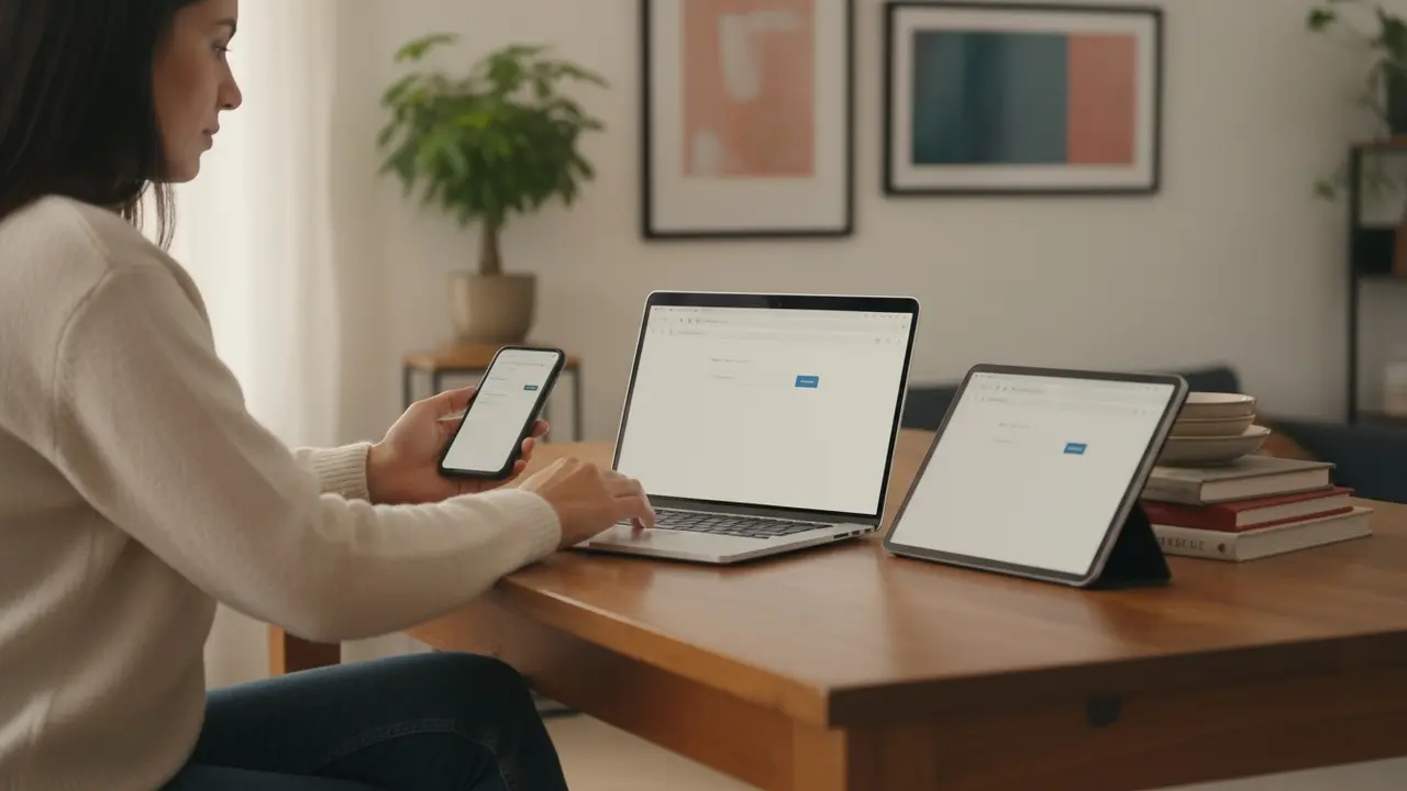 Person bruger laptop, smartphone og tablet til at gå på nettet hjemme