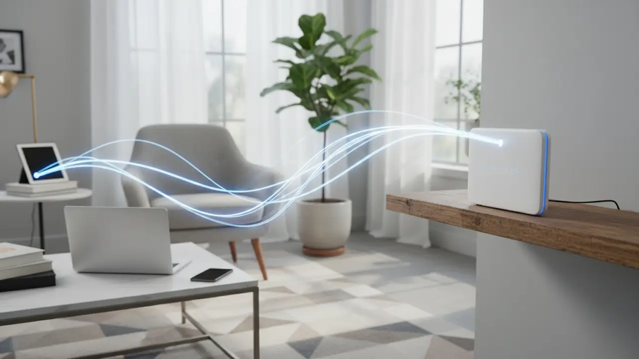 Trådløs router med signalbølger, der forbinder laptop, telefon og tablet i et hjem