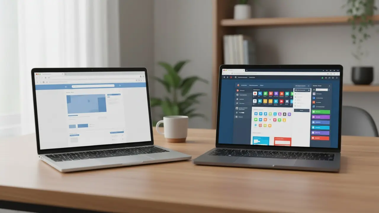 To bærbare computere ved siden af hinanden viser forskellige webbrowsere til sammenligning