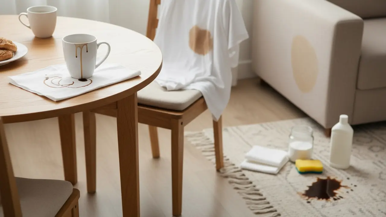 Oversigt med forskellige kaffepletter på gulvtæppe, tøj, krus og sofa med rengøringsmidler ved siden af