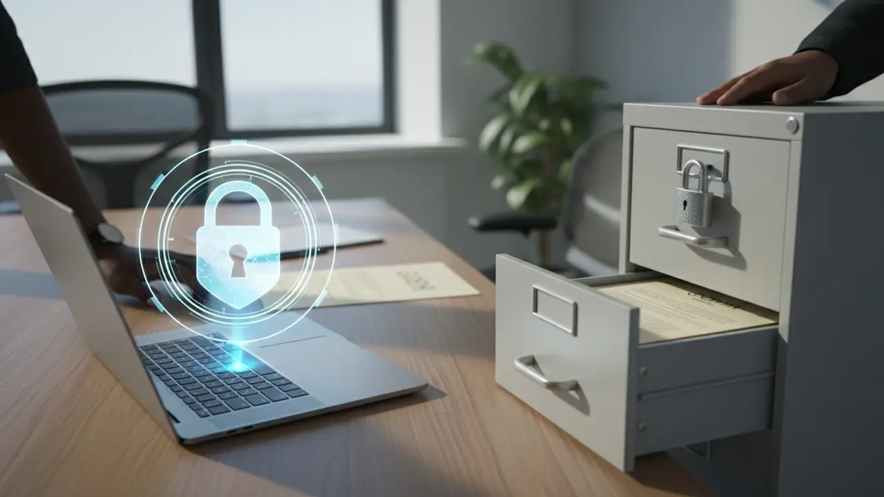 Bærbar med digital hængelås og aflåst arkivskab, symbol på databeskyttelse