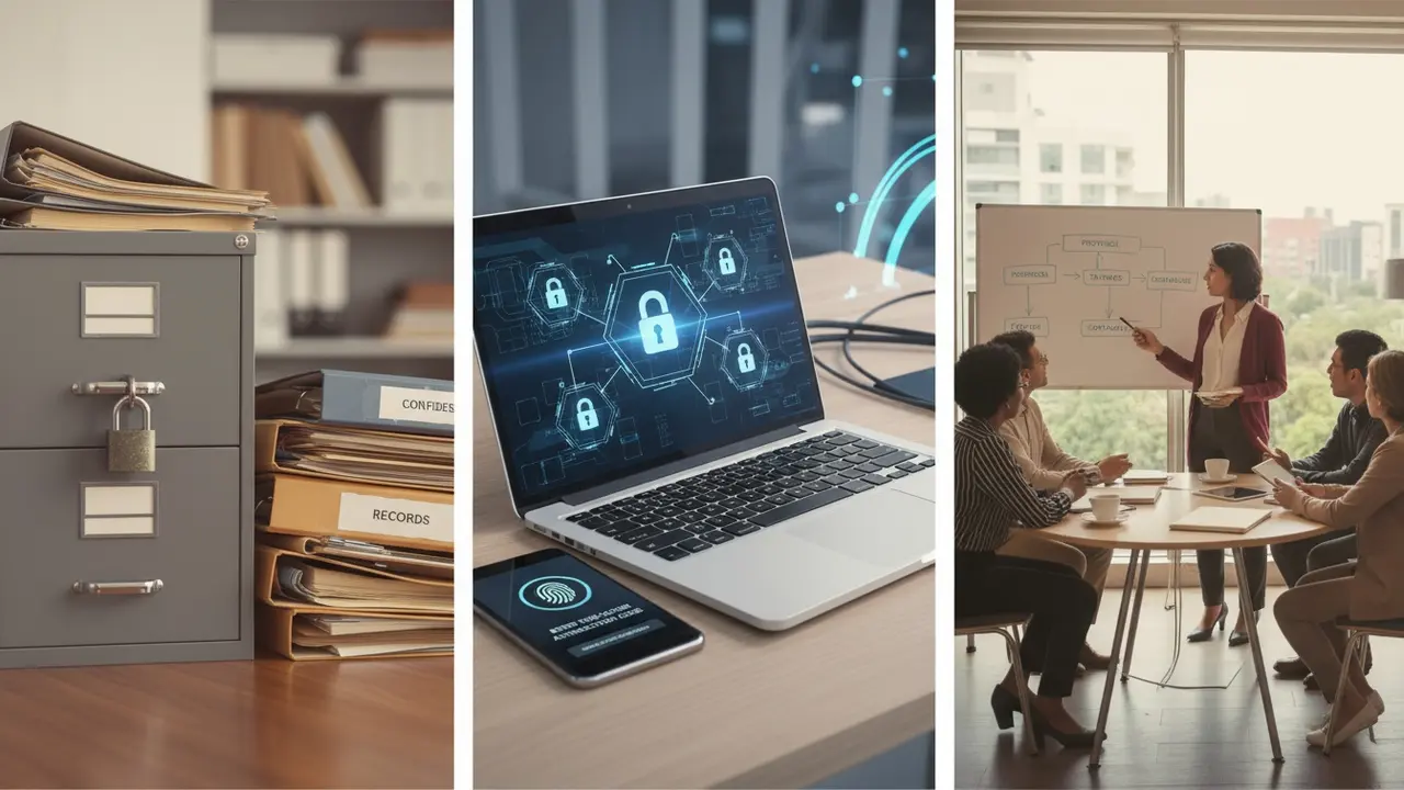 Illustration af fysisk sikkerhed, teknisk kryptering og organisatorisk træning i ét billede